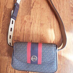NWOT Michael Kors Logo Dark Brown Belt Bag with Red Stripe